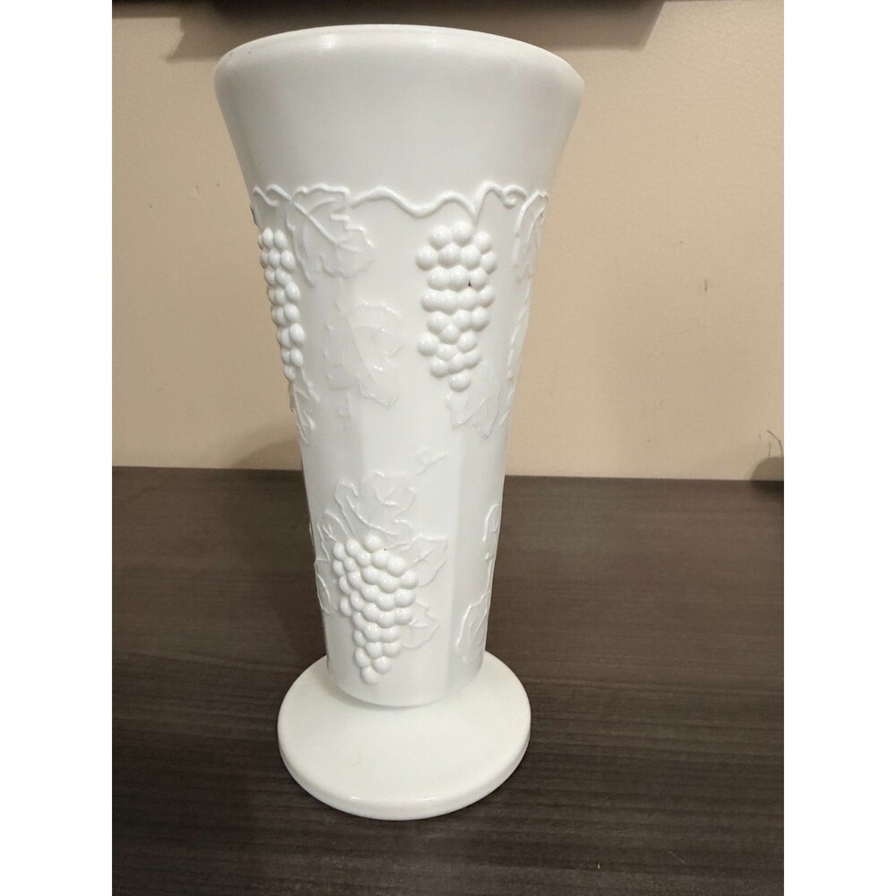 Vintage Milk Glass Grape Pattern Footed Vase 8" White Pedestal Vase